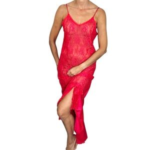 Vintage 80s Undercover Wear USA red lace satin mermaid hem chemise slip gown M